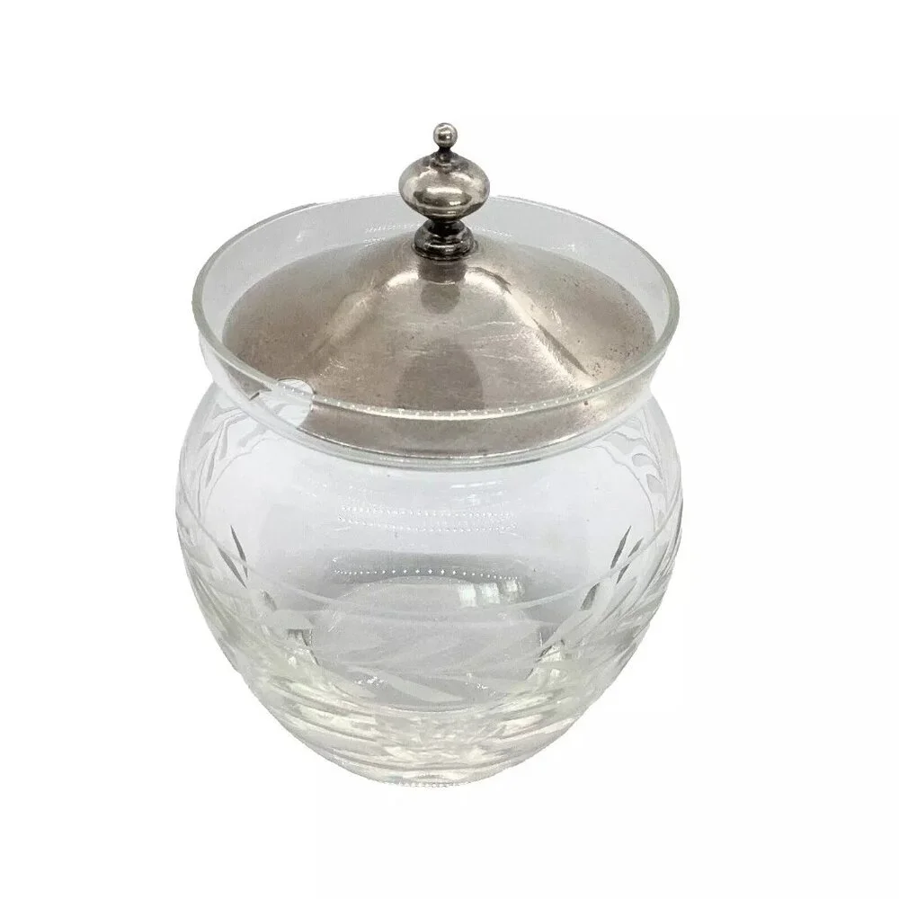 1950s Mid Century Etched Decorated Crystal & Sterling Silver Jam Jar